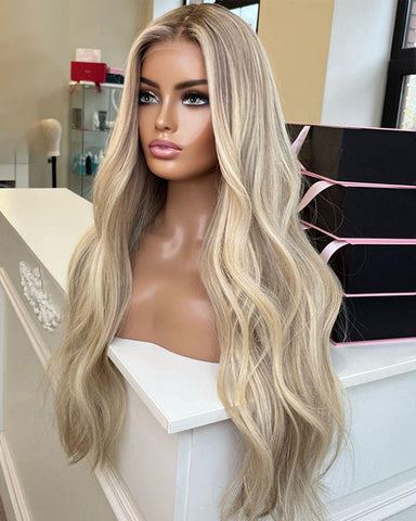 Blonde Highlights Real Natural Lace Front 360 Glueless Human Hair Wigs for Caucasian Women