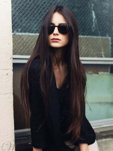 Dark Brown Straight Long Lace Front 360 Real Natural Glueless Human Hair Wigs