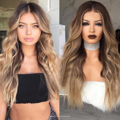 Ombre Blonde Balayage Long Natural Glueless Human Hair Wigs for Caucasian Women