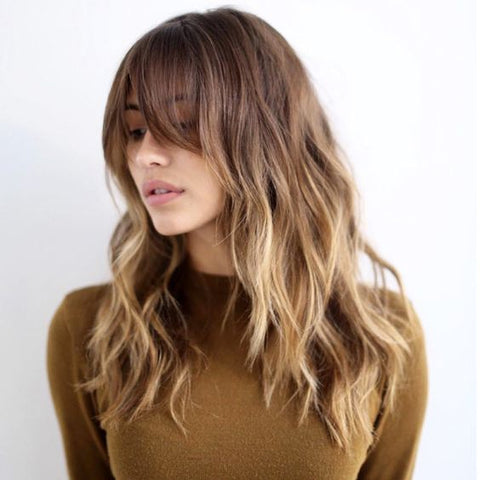 Ombre Brown to Blonde  Lace Front  Human Hair Wigs with Bangs Natural Glueless for Caucasian Women