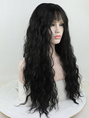 Black Wavy Synthetic Lace Front Wig with Bangs-Everyday Wigs