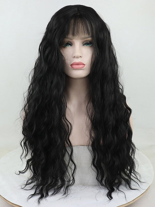 Black Wavy Synthetic Lace Front Wig with Bangs-Everyday Wigs