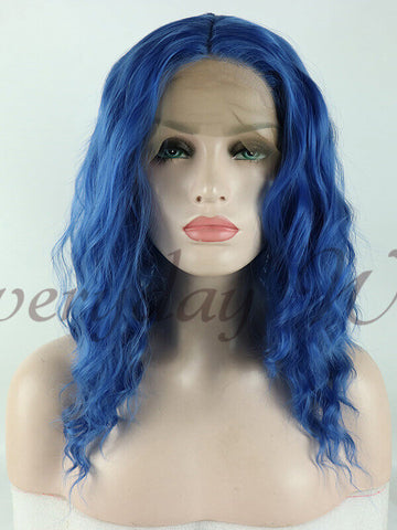 14" Short Blue Wavy Synthetic Lace Front Wig