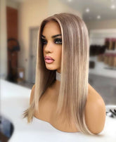 Straight Ash Blonde Balayage Natural Look Lace Front Human Hair Wig - Everyday Wigs