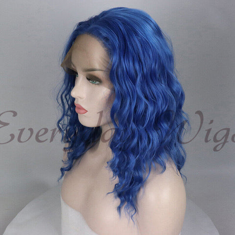 14" Short Blue Wavy Synthetic Lace Front Wig