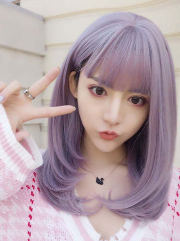 Purple mixed Straight Wefted Cap Wig with bangs