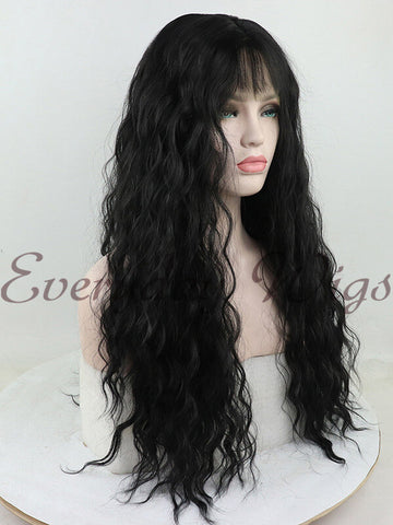 Black Wavy Synthetic Lace Front Wig with Bangs