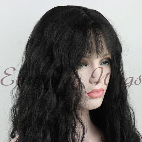 Black Wavy Synthetic Lace Front Wig with Bangs