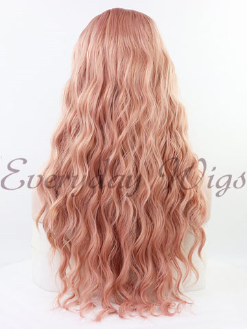 Long Pink Wavy Synthetic Lace Front Wig