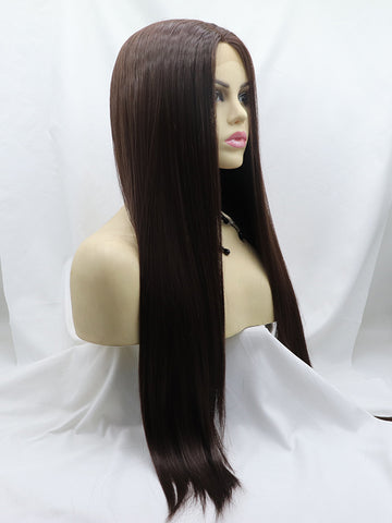 Medium Dark Brown Long Straight Synthetic Wigs