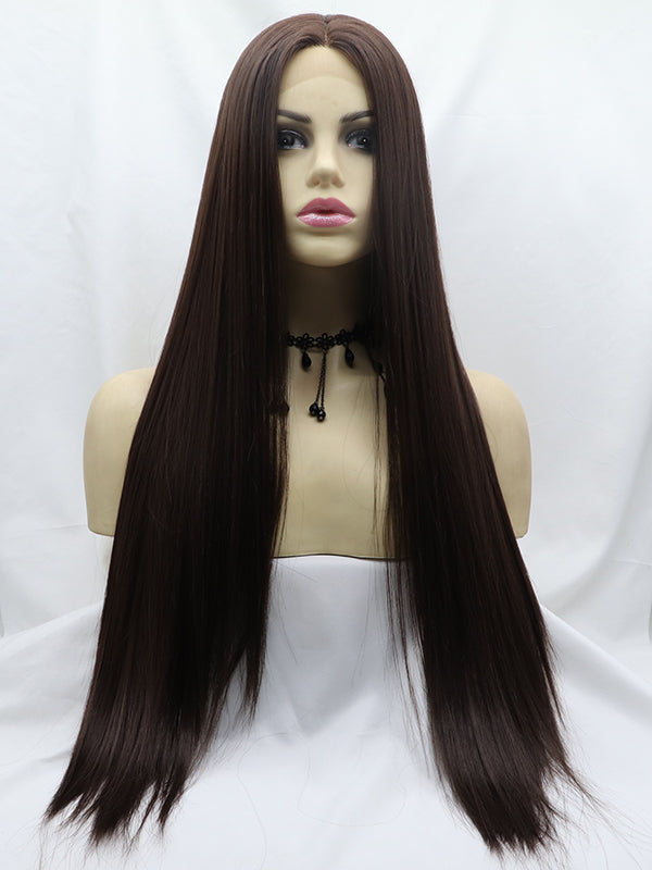 Medium Dark Brown Long Straight Synthetic Wigs-Everyday Wigs