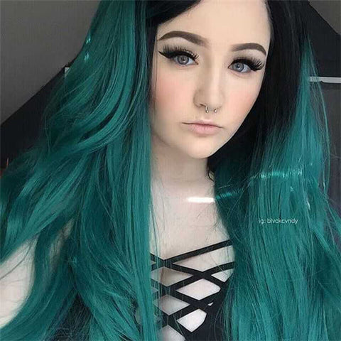 Black/Green Ombre Color Wavy Synthetic Lace Front Wig
