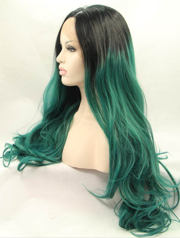 Black/Green Ombre Color Wavy Synthetic Lace Front Wig