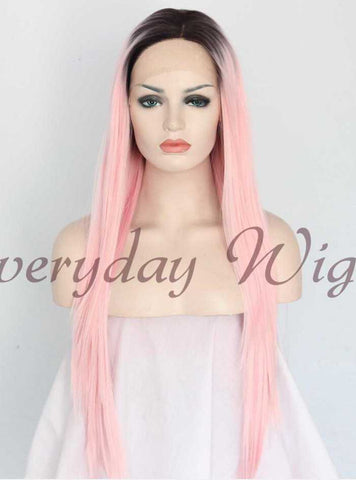 Black Pink Straight Ombre Synthetic Lace Front Wigs