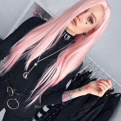 Long Pink Straight Synthetic Lace Front Wig-Everyday Wigs