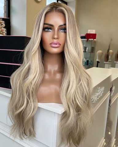 Blonde Highlights Real Natural Lace Front 360 Glueless Human Hair Wigs for Caucasian Women
