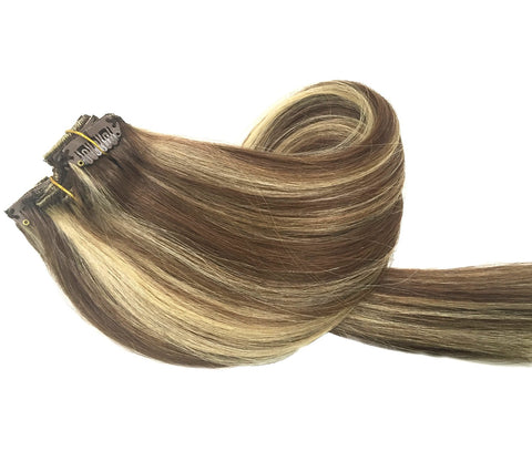 Brown highlight Blonde Clip in Hair Extensions