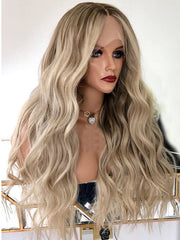 Ombre Balayage Blonde Wavy 360 Real Natural Glueless Human Hair Wigs for Caucasian Women-Everyday Wigs