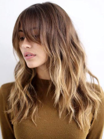 Ombre Brown to Blonde  Lace Front  Human Hair Wigs with Bangs Natural Glueless for Caucasian Women