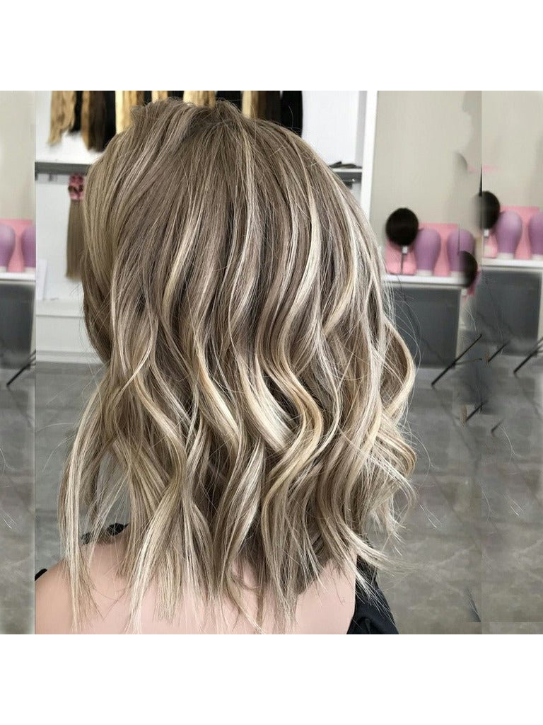 Ash Brown Honey Blonde Highlights Lace Frontal Balayage Wig Real Women Caucasian 100% Human Hair - Everyday Wigs
