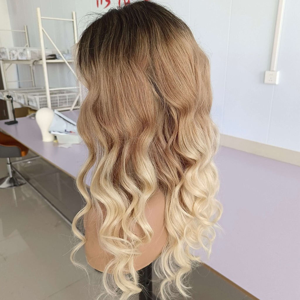 - Human hair brown ombre blonde blend dark root wig Luxury Platinum Blonde Ombre Balayage with Brown Roots 100  main image 3