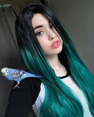 Black/Green Ombre Color Wavy Synthetic Lace Front Wig-Everyday Wigs