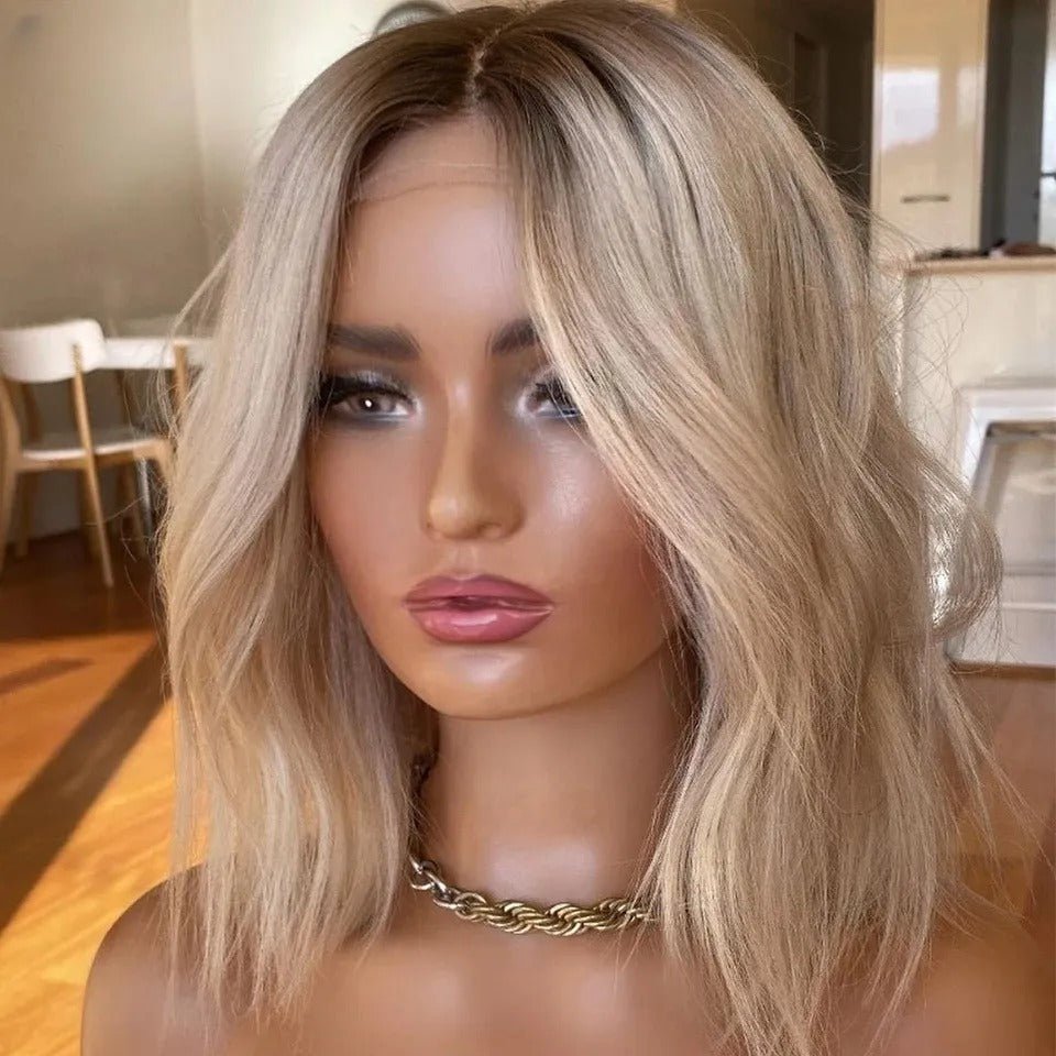Blonde Wavy Bob Wig Lace Front Wig with Dark Roots Real  display picture 3