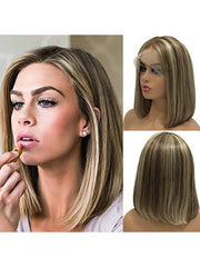 Brown Highlights Blonde Lace Front 360 Real Natural Glueless Short Human Hair Bob Wigs-Everyday Wigs