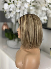 Highlighted Ombre Blonde Brown Glueless Lace 100% Human Hair Bob Wig - Everyday Wigs