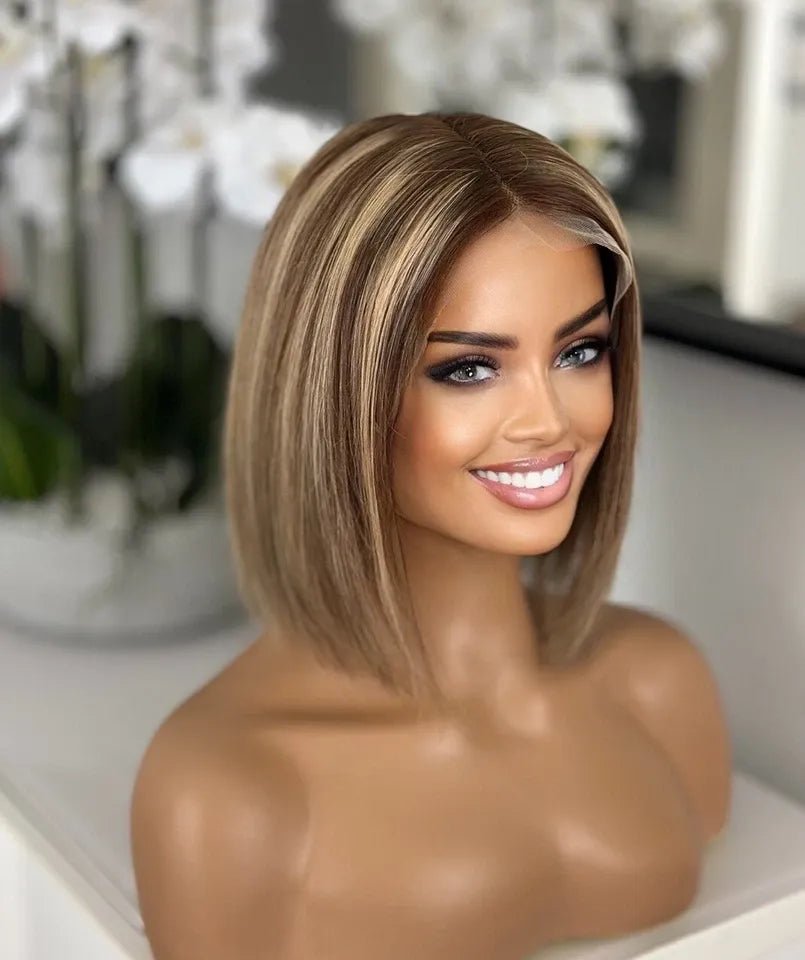 Highlighted Ombre Blonde Brown Glueless Lace 100% Human Hair Bob Wig - Everyday Wigs
