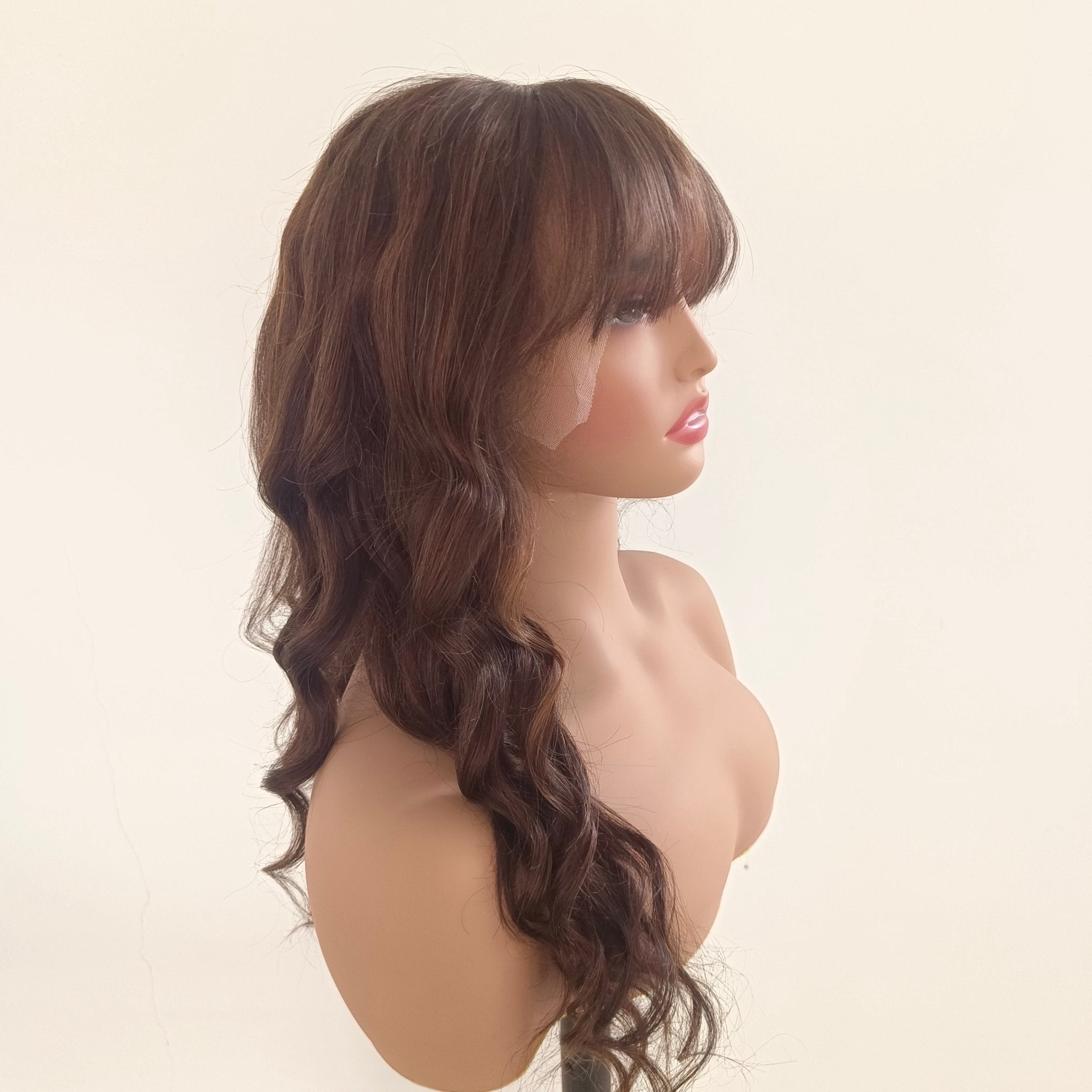 Long Wavy Brown mixed Human Lace Front Wigs With Bangs Remy 