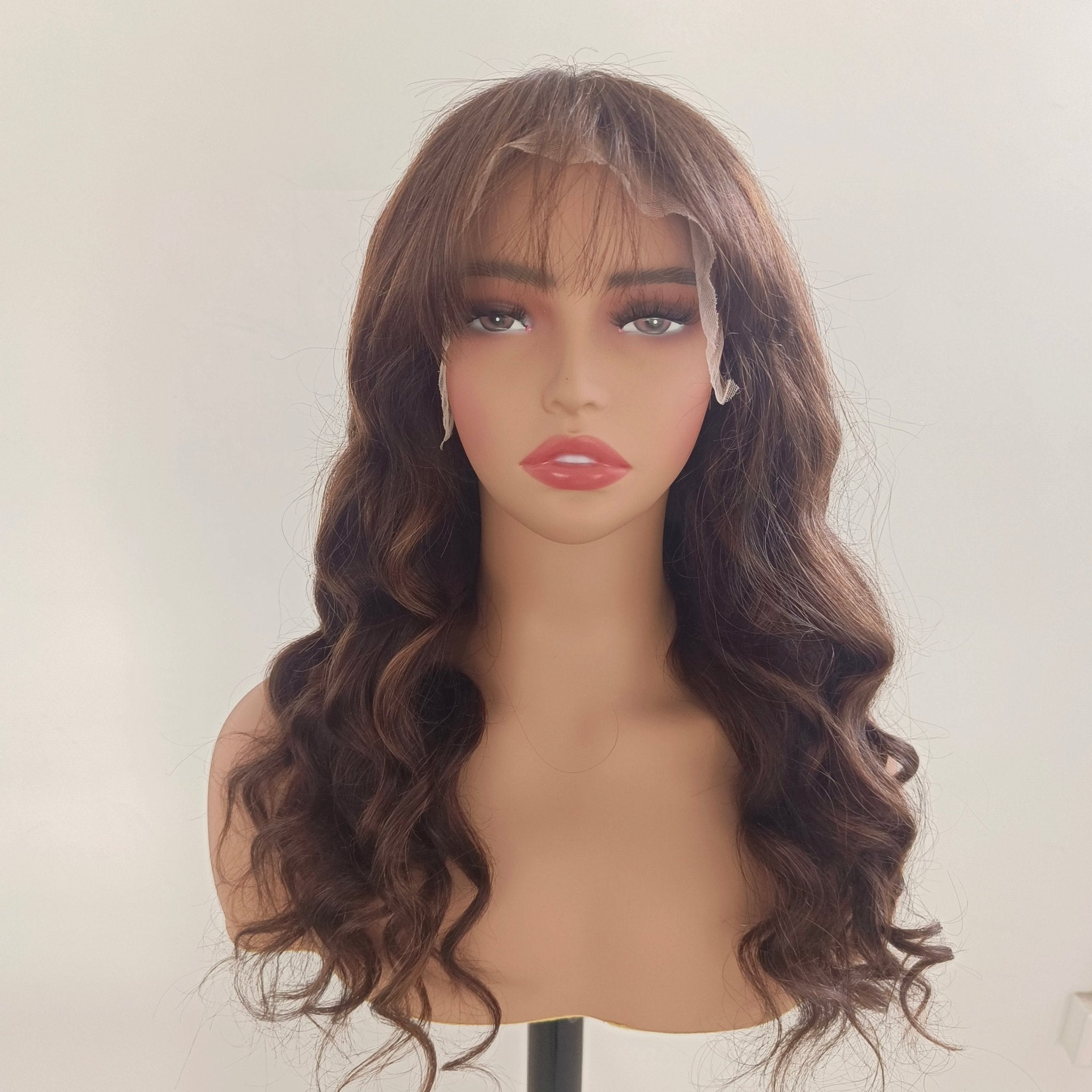 Wavy Human Hair Blend Full Wig – Long Layered Brown Mix 6-30 – Heat Resistant