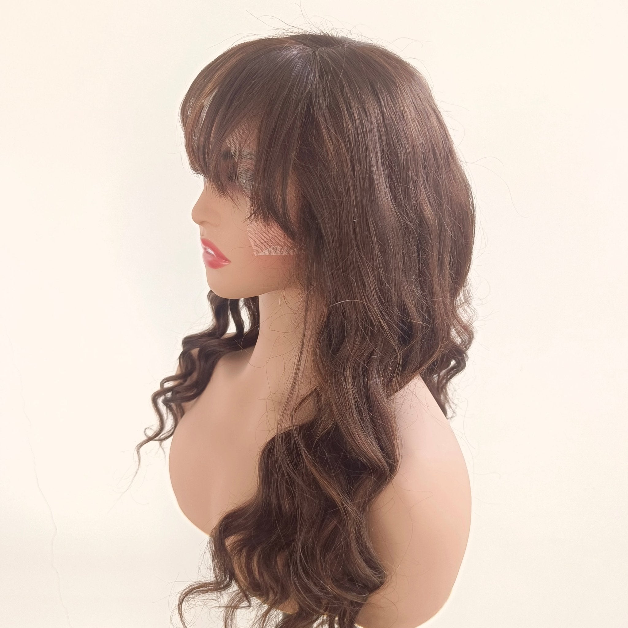 Long Wavy Brown mixed Human Lace Front Wigs With Bangs Remy 
