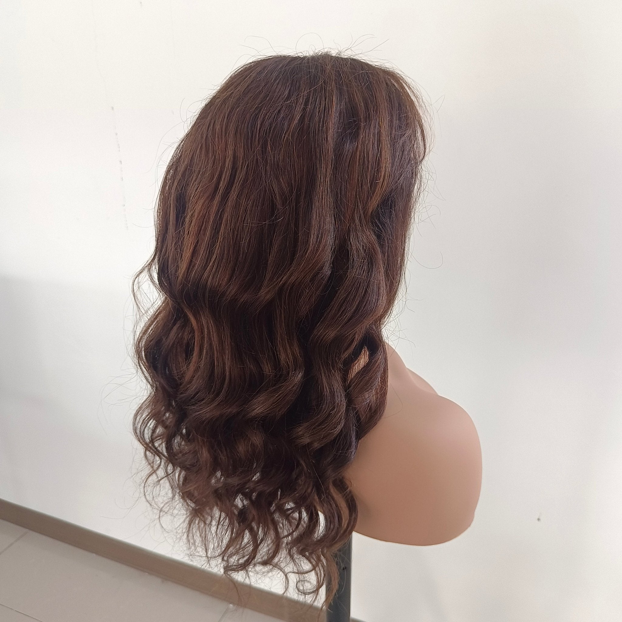 Long Wavy Brown mixed Human Lace Front Wigs With Bangs Remy