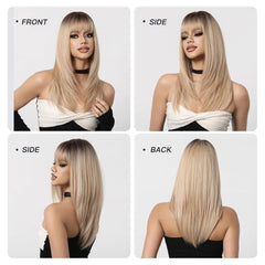 Natural Look Glueless Long Straight Blonde Human Hair Wig with Bangs - Everyday Wigs