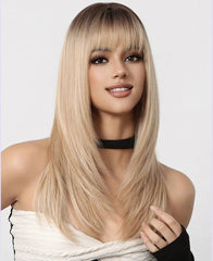 Natural Look Glueless Long Straight Blonde Human Hair Wig with Bangs - Everyday Wigs