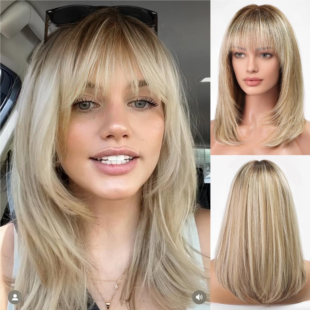 Ombre Blonde Layered Straight Hair Wig with Bangs – Everyday Wigs