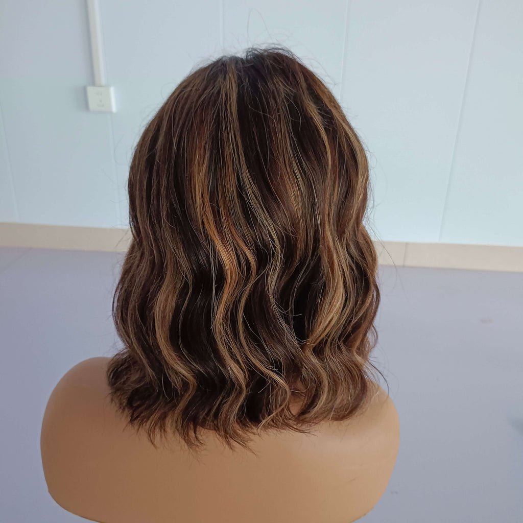 Ombre Brown Short Bob Mixed Highlight Wavy Real Glueless  display picture 1