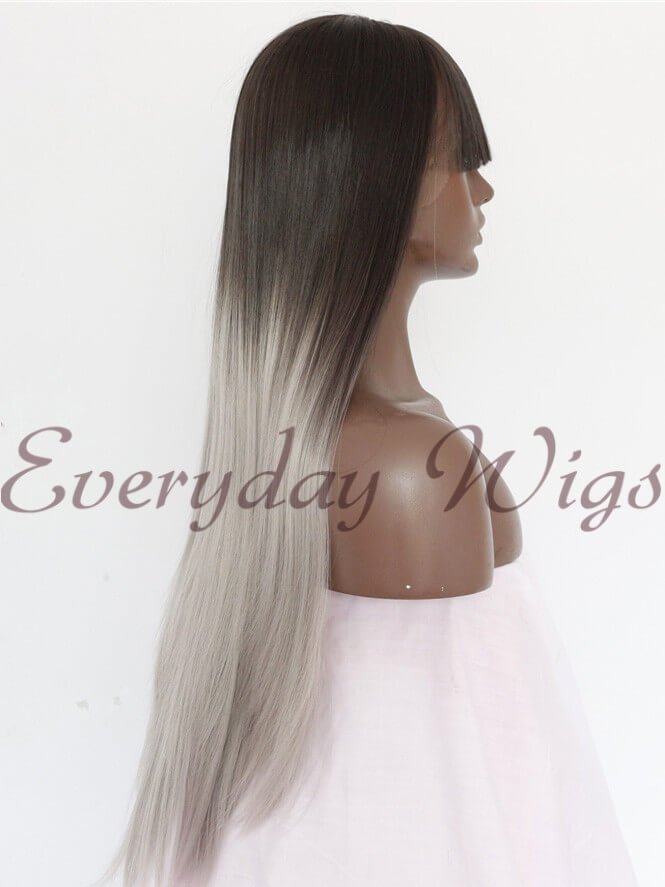 Ombre Grey Straight Synthetic Lace Front Wig with Bangs  display picture 1