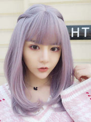 Purple mixed Straight Wefted Cap Wig with bangs-Everyday Wigs